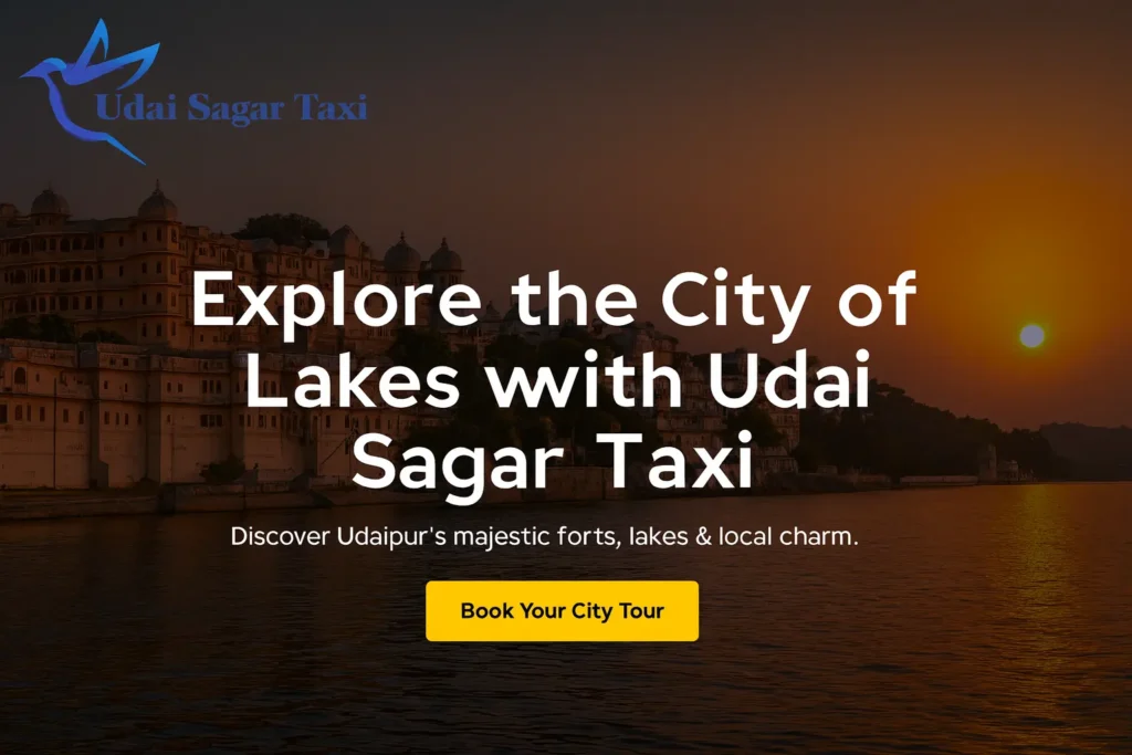 Ambrai Ghat sunset view with City Palace reflection in Lake Pichola, Udaipur – Explore Udaipur with Udai Sagar Taxi